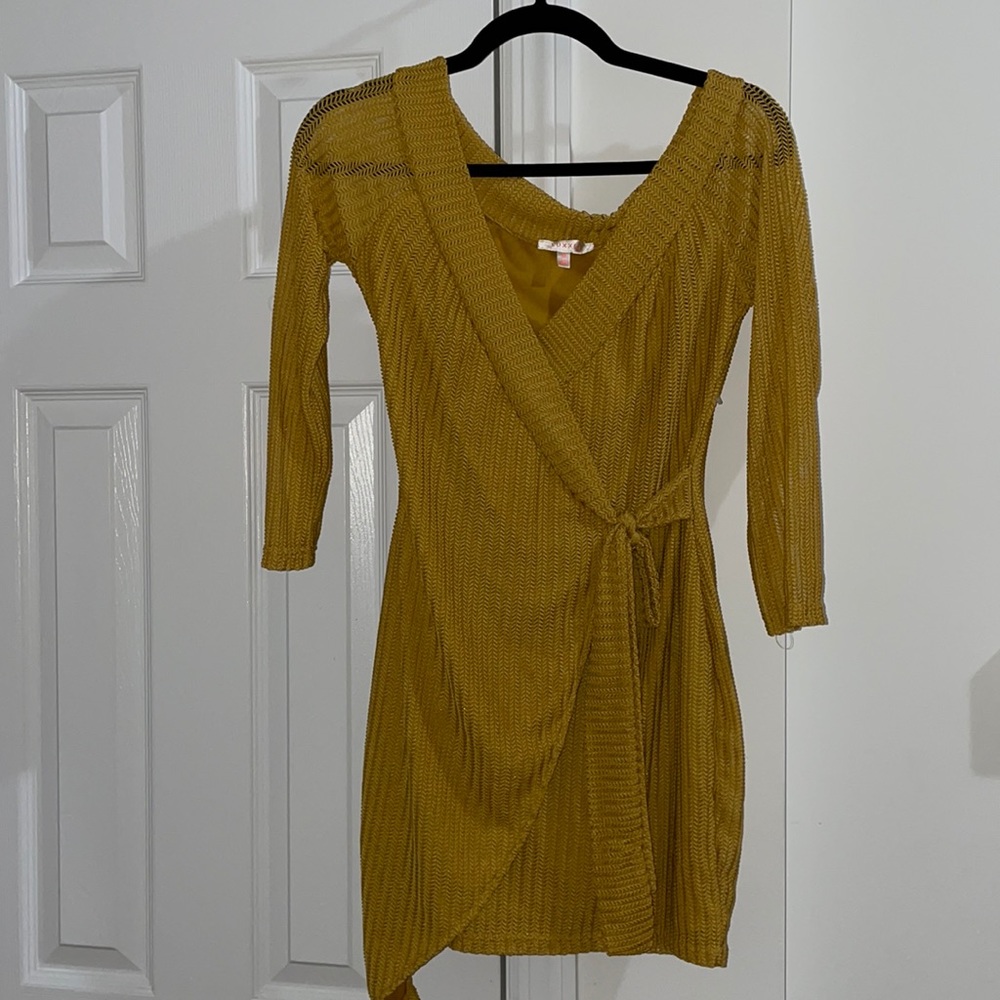 3/4 Sleeve Knit Wrap Dress in Mustard